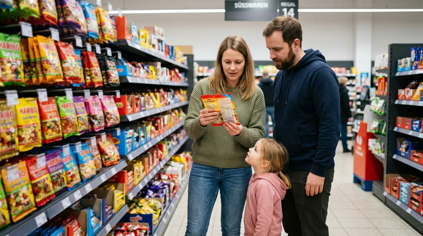 Eltern mit Kind im Supermarktregal vor Süßigkeiten, eine Packung wird gedreht und die Zutatenliste auf der Rückseite gelesen