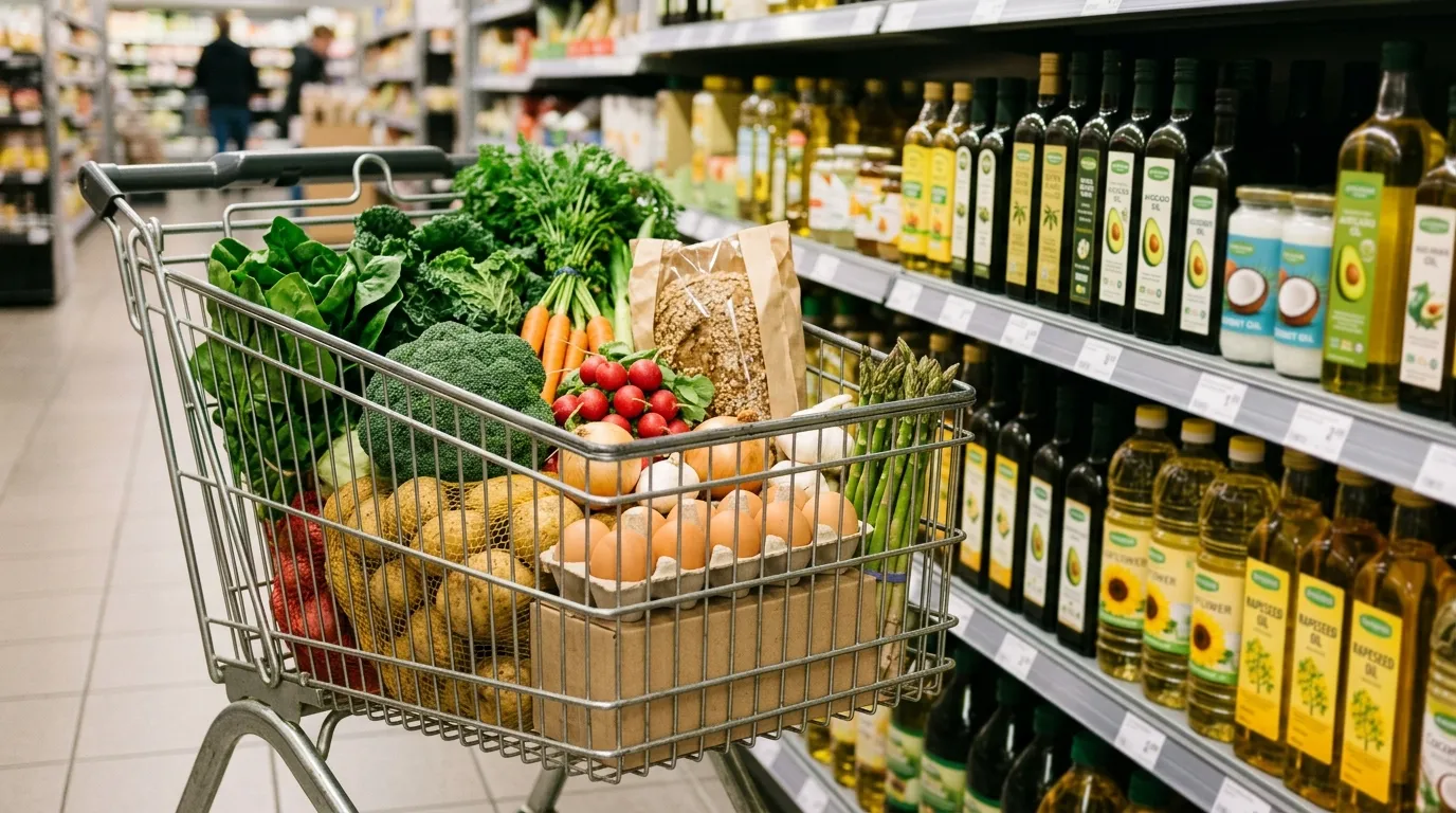Einkaufswagen mit frischen unverarbeiteten Lebensmitteln wie Gemüse, Kartoffeln und Eiern neben einem Supermarktregal mit Pflanzenölflaschen, symbolisch für Einkaufen ohne Seedoils