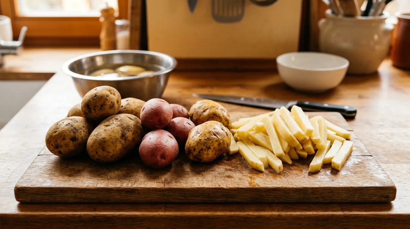 Rohkartoffeln verschiedener Sorten neben geschnittenen Pommes-Stäbchen auf einem Schneidebrett in einer warm beleuchteten Küche