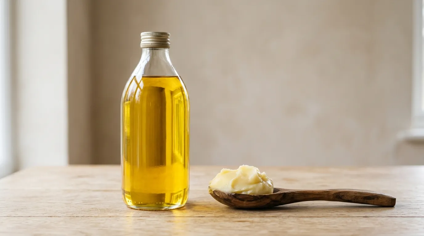 Eine Gegenüberstellung von goldenem Pflanzenöl in einer Flasche und cremigem Grass-Fed Beef Tallow auf einem Holzlöffel vor einem neutralen Hintergrund.