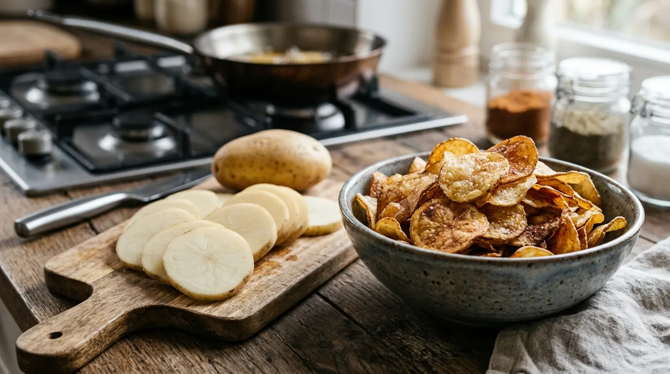Goldgelb gebräunnte Kartoffelchips in einer Schüssel neben rohen Kartoffelscheiben, symbolisieren die Entstehung von Acrylamid beim Frittieren