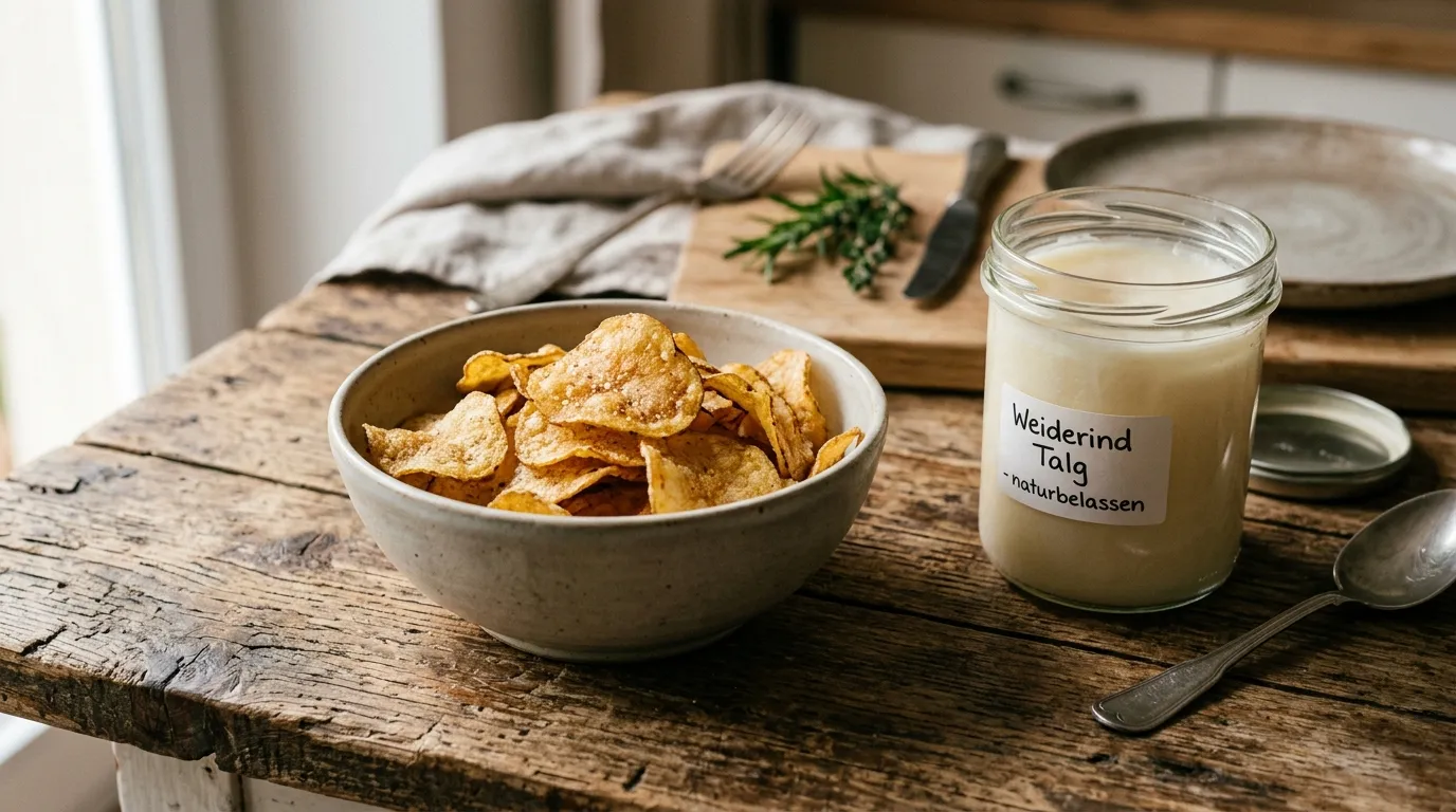 Bio-Kartoffelchips in einer Schüssel neben einem Glas festem Rindertalg als Bratfett auf rustikalem Holzuntergrund