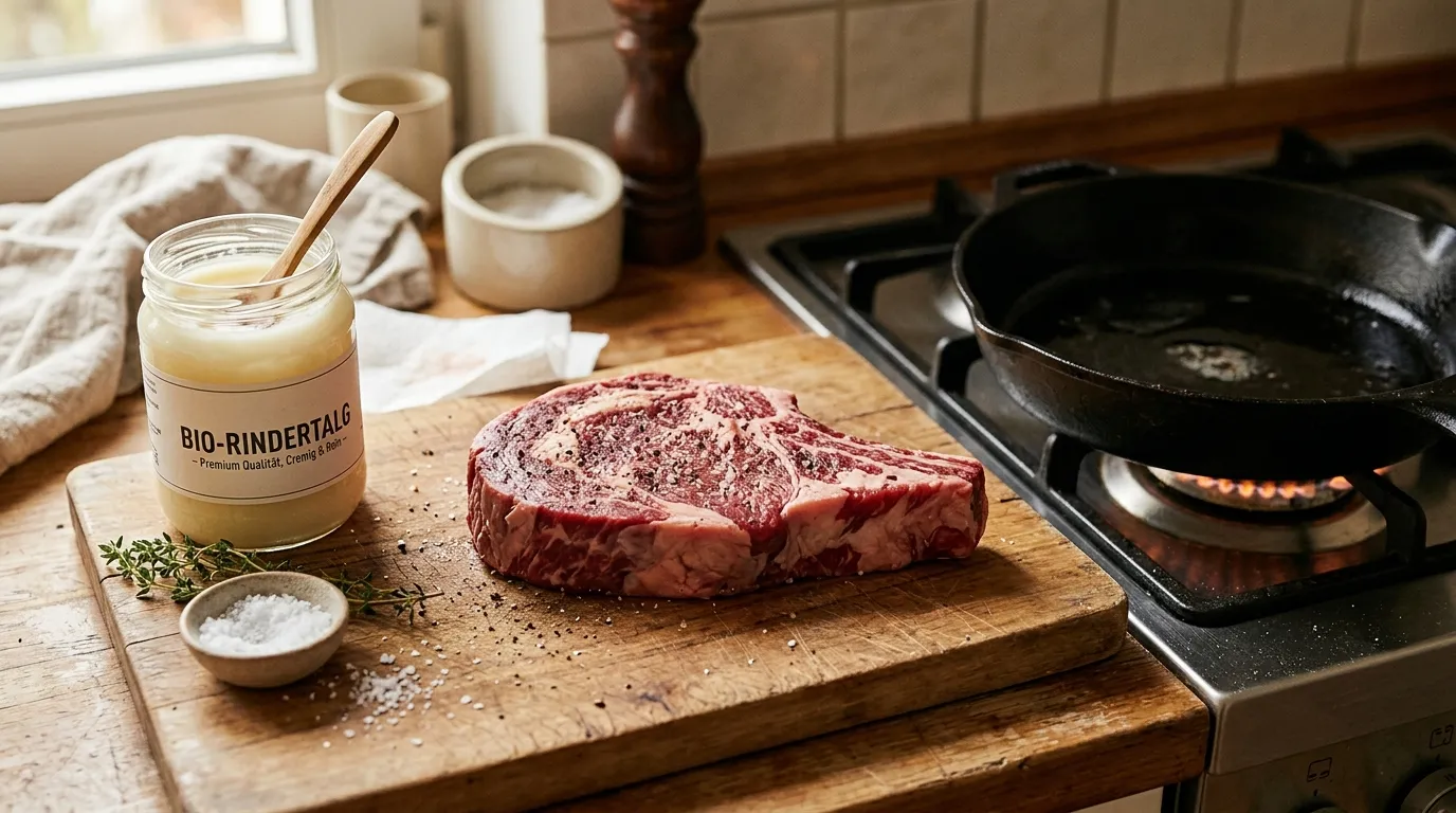 Ein rohes Steak liegt trocken getupft auf einem Schneidebrett neben einem Glas mit cremefarbenem Bio-Rindertalg und einer gusseisernen Pfanne, warmes Küchenlicht