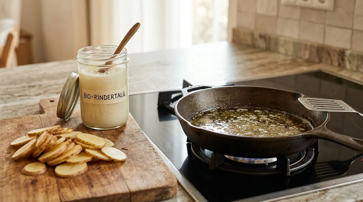 Pfanne mit geschmolzenem, klarem Beef Tallow auf dem Herd, daneben ein Glas Bio-Rindertalg und rohe Kartoffelscheiben