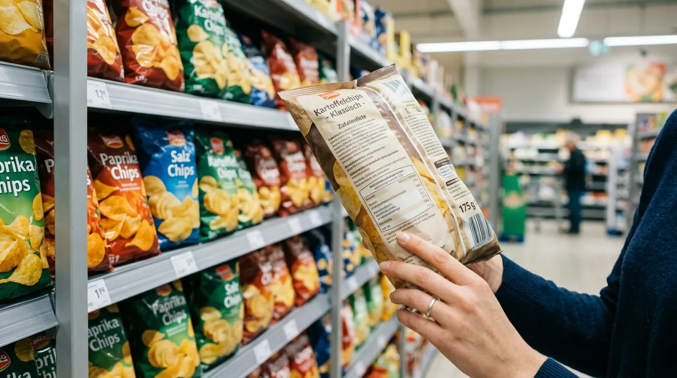 Chipstüte neben einem Regal mit Kartoffelchips im Supermarkt, eine Hand dreht die Packung, um die Zutatenliste auf der Rückseite zu lesen