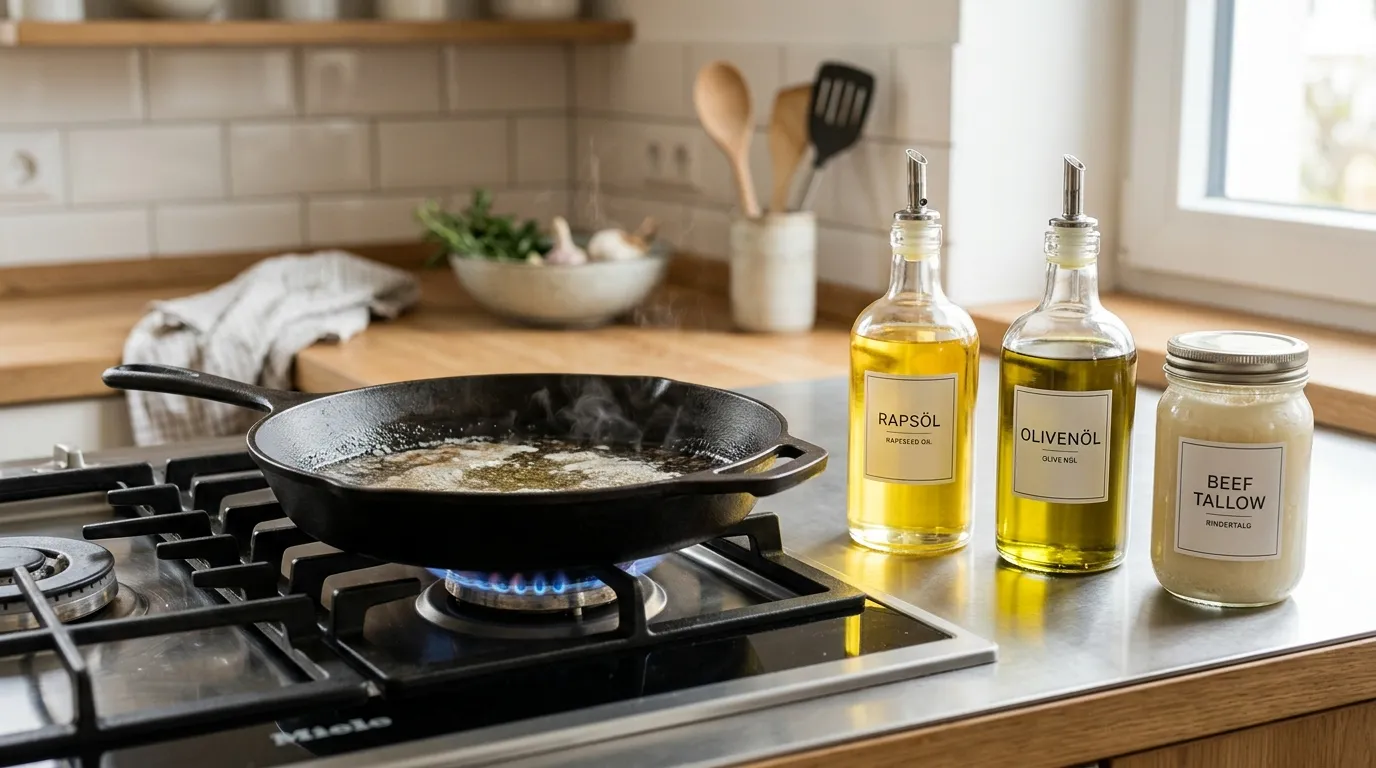 Pfanne mit heißem Bratfett auf dem Herd neben Flaschen mit Rapsöl und Olivenöl, daneben ein Glas Beef Tallow als Alternative fürs scharfe Anbraten