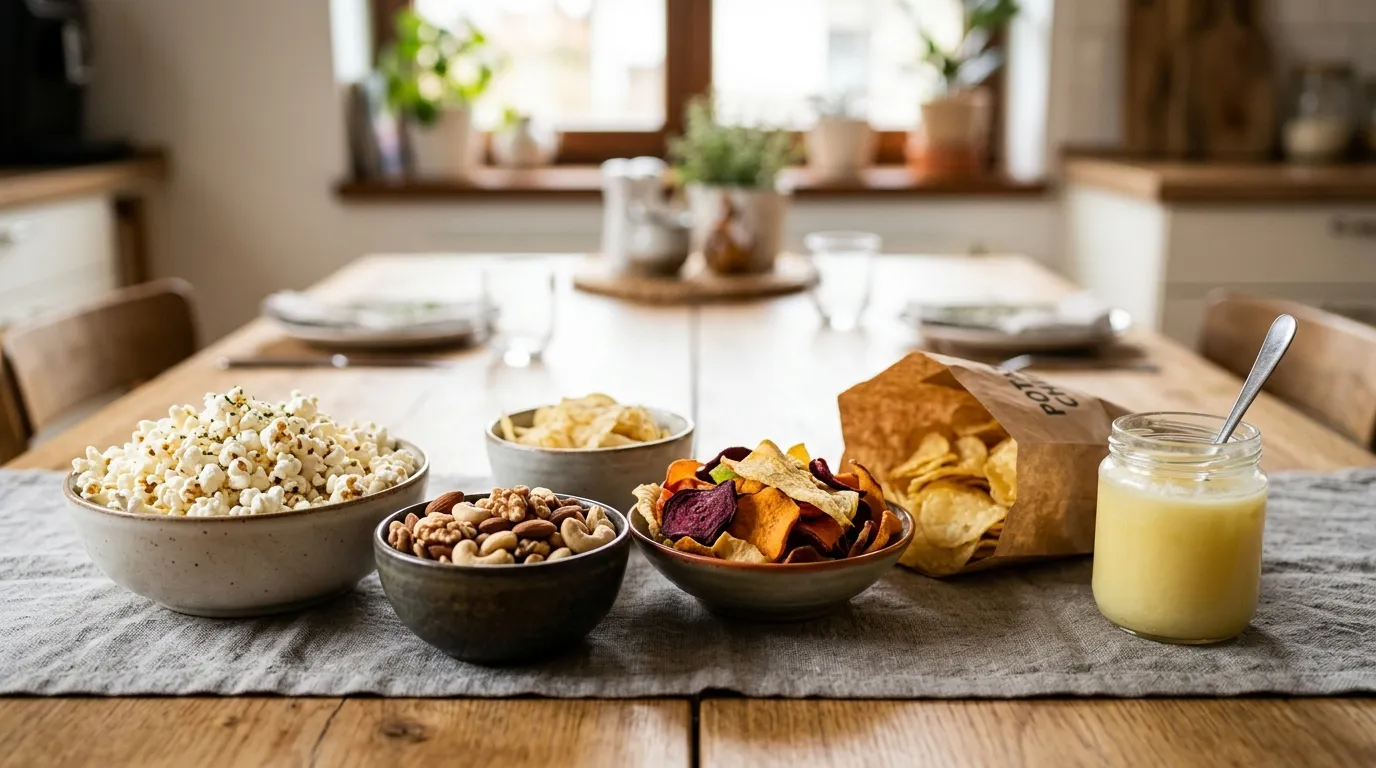 Verschiedene Snack-Alternativen auf einem Tisch: eine Schüssel Luft-Popcorn, Nüsse, Gemüsechips und eine Tüte Kartoffelchips, daneben ein Glas mit festem, hellgelbem Bratfett.