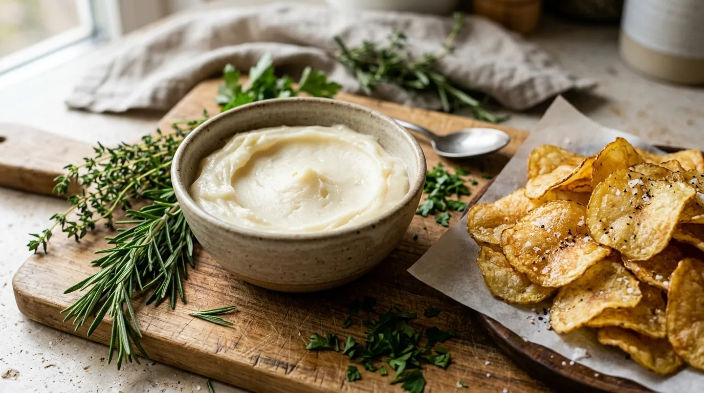 Nahaufnahme von cremigem Grass-Fed Beef Tallow in einer Schale neben knusprigen Kartoffelchips, umgeben von frischen Kräutern.