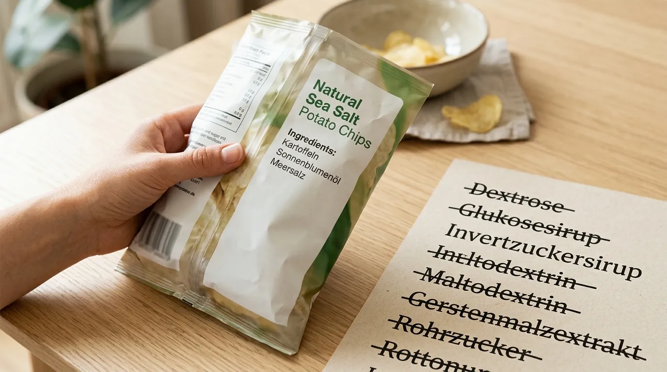 Hand dreht eine Tüte Kartoffelchips um, um die kurze Zutatenliste auf der Rückseite zu lesen, daneben eine Zutatenliste mit durchgestrichenen Zucker-Decknamen wie Dextrose und Glukosesirup