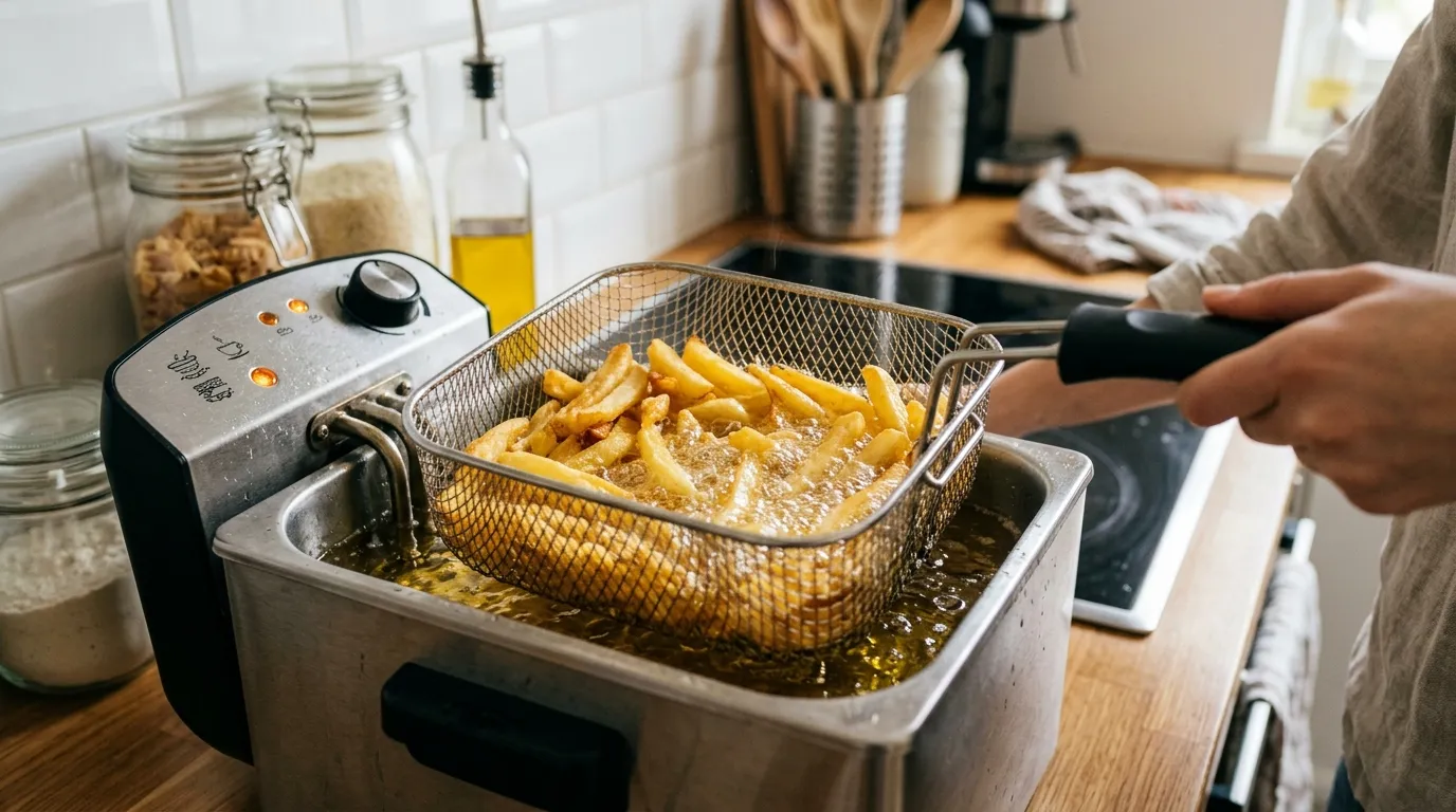 Fritteuse mit goldgelbem Bratfett und knusprigen Pommes beim Frittieren in der heimischen Küche