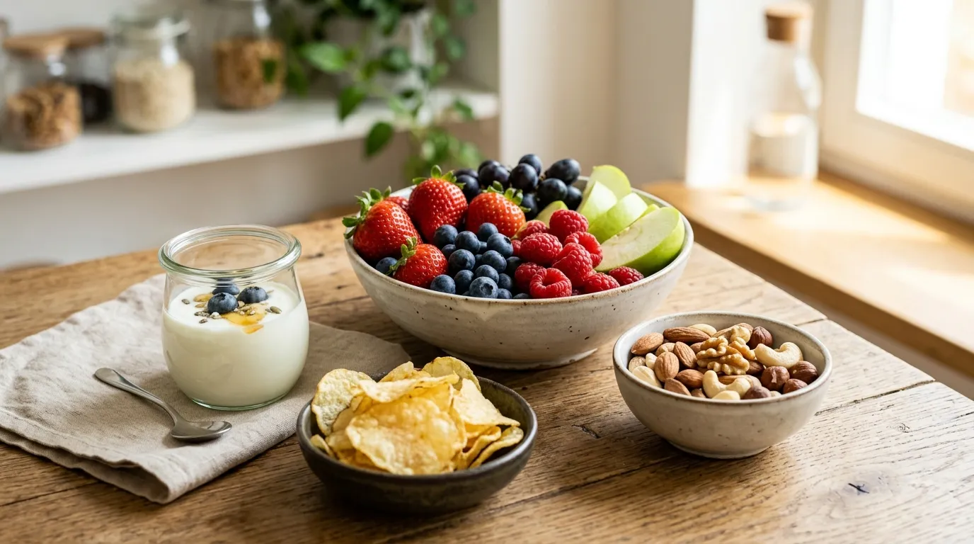 Tisch mit Alternativen zu Süßigkeiten: Schale mit frischem Obst, ungesalzenen Nüssen, Naturjoghurt und einer Hand voll Kartoffelchips