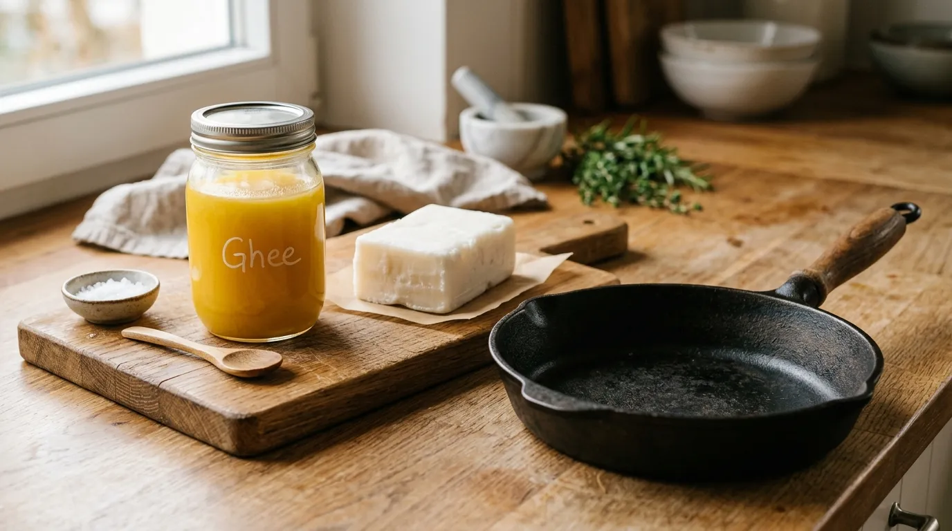 Ein Glas goldenes Ghee neben einem weißen Block Rindertalg auf einer Holzküche, davor eine gusseiserne Pfanne, warmes Licht