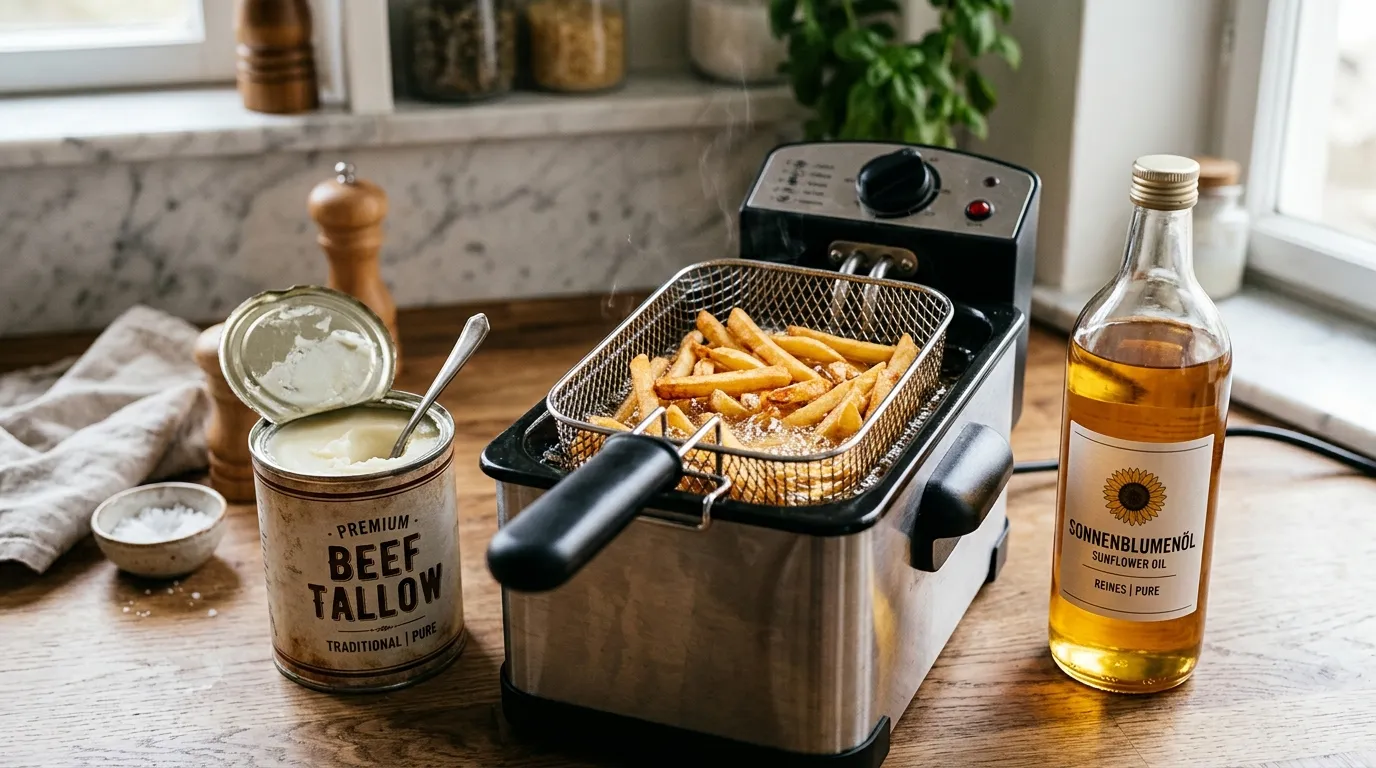 Eine Friteuse mit goldbraunen Pommes frites neben einer Dose Beef Tallow und einer Flasche Sonnenblumenöl, Symbolbild für die Wahl des richtigen Frittierfetts