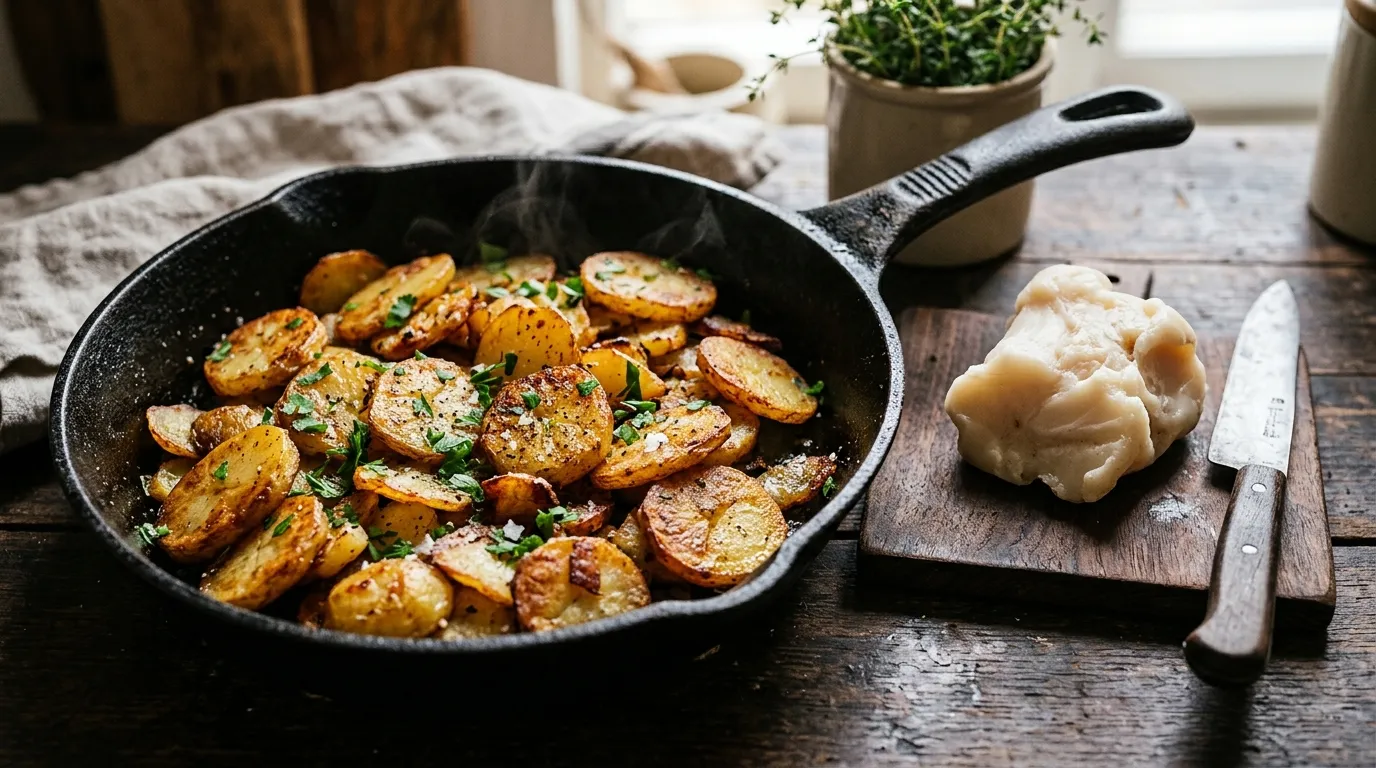 Eine schwere Gusseisenpfanne gefüllt mit goldbraunen, knusprigen Bratkartoffeln, daneben ein Stück Rindertalg.